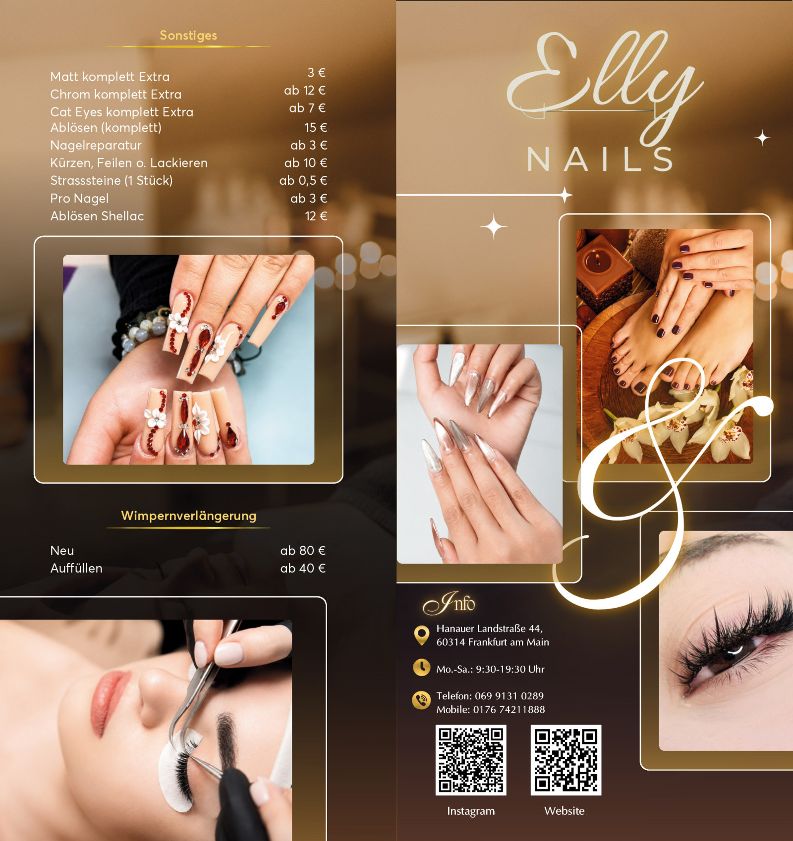 Elly Nails Preisliste mit Wimpernverlängerung, Studio-Info und Kontakt